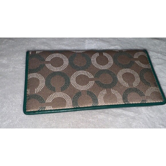 Coach Black Women’s Checkbook Cover Signature Canvas Leather Trim Beige Green - Picture 1 of 4
